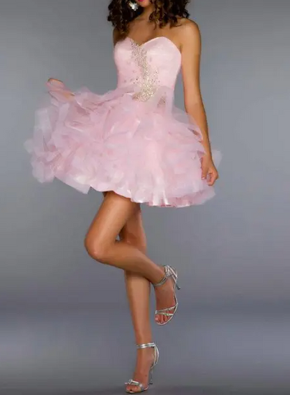 Robe de bal courte et élégante en tulle rose, décolleté en cœur, tenue de soirée courte et formelle pour le collège, tenue Hoco DH1408