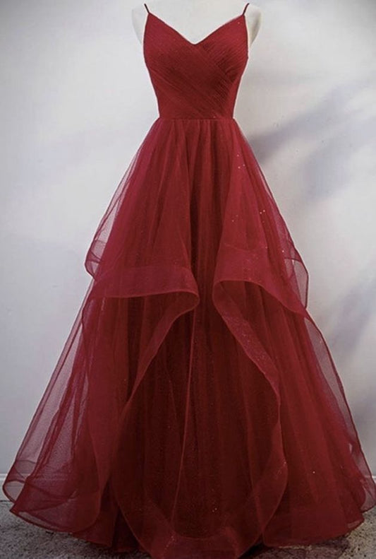 Elegantes Ballkleid mit Spaghettiträgern in Burgunderrot, lange Ballkleider, Partykleid zum 21. Geburtstag, Outfits, Abschlusskleider DH142