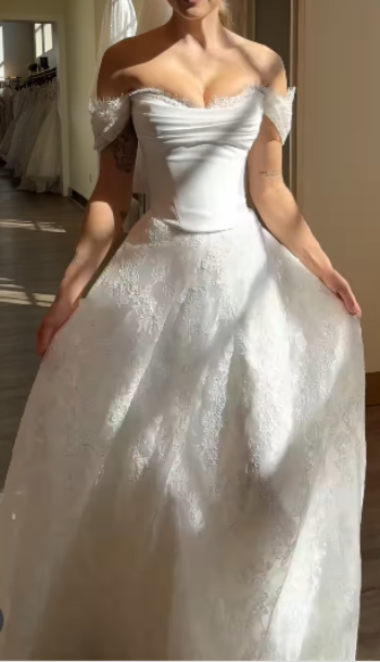 Prinzessin Brautkleid Meerjungfrau Schulterfrei Spitze Brautkleid Mit Kurzen Ärmeln Brautkleider Bescheidene Brautkleider DH1427