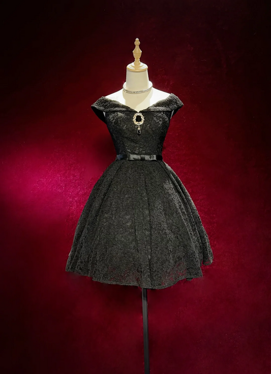 Robe de bal vintage à épaules dénudées et dentelle noire, tenue de soirée de 8e année, courte, style collège, tenue Hoco DH1445