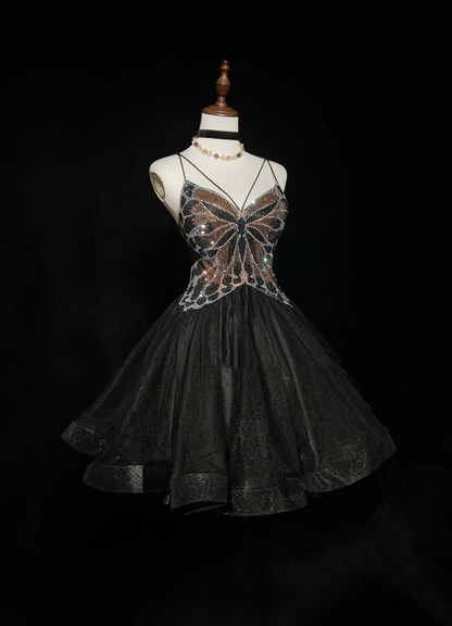 Süßes Ballkleid mit Spaghettiträgern, schwarzem Tüll, rückenfrei, kurz, Mini, formelles Homecoming-Kleid für die 8. Klasse, Cocktail-Abendkleid für die Mittelschule, Hoco-Outfits DH1455