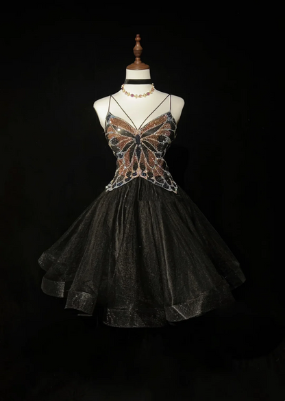 Süßes Ballkleid mit Spaghettiträgern, schwarzem Tüll, rückenfrei, kurz, Mini, formelles Homecoming-Kleid für die 8. Klasse, Cocktail-Abendkleid für die Mittelschule, Hoco-Outfits DH1455