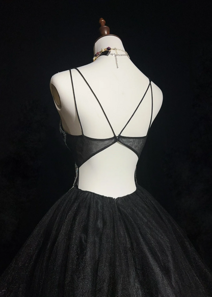 Süßes Ballkleid mit Spaghettiträgern, schwarzem Tüll, rückenfrei, kurz, Mini, formelles Homecoming-Kleid für die 8. Klasse, Cocktail-Abendkleid für die Mittelschule, Hoco-Outfits DH1455
