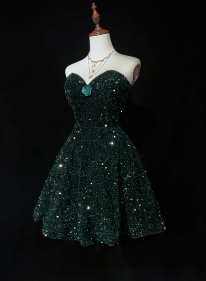 Trendy Ball Gown Sweetheart Dark Green Sequin Mini Short Formal 8th Grade Homecoming Dresses Middle School Hoco Dress Cocktail Outfits DH1457