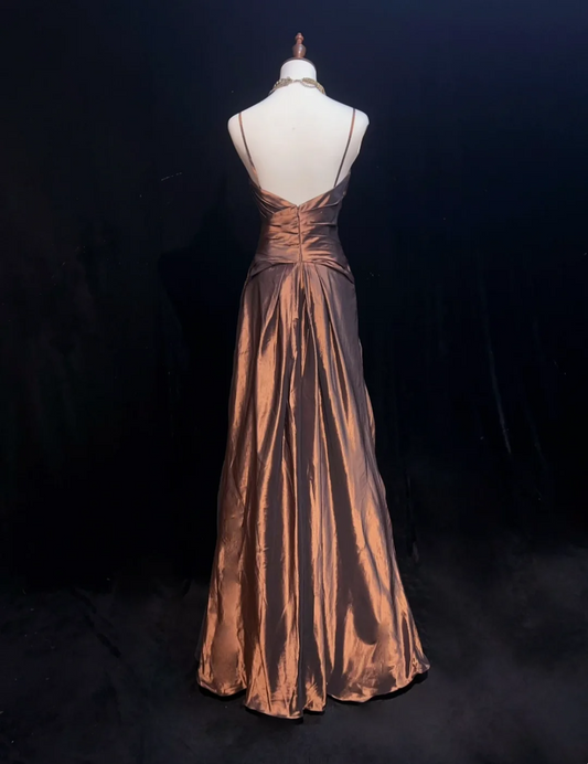 Pretty A line Spaghetti Straps Brown Taffeta Long Prom Dresses Party Dress Summer 20th Birthday Outfits 18th Birthday Dresses DH1470