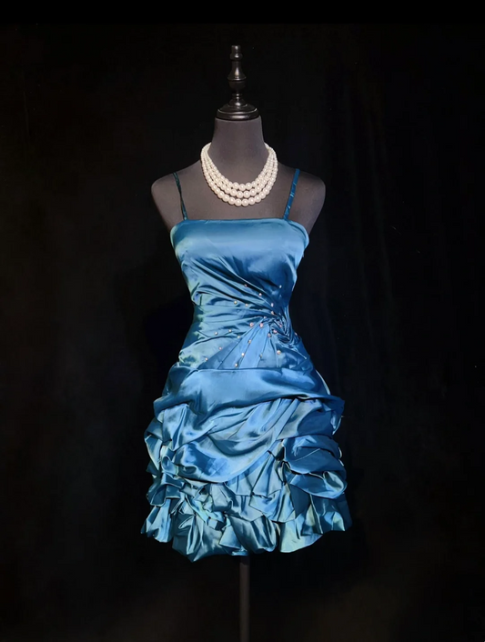 Vintage Ballkleid Spaghettiträger Blau Satin Kurz Mini Formale 8. Klasse Homecoming Kleider Middle School Cocktailkleid Hoco Outfits DH1475