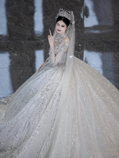 Robe de mariée blanche de luxe à paillettes et dentelle, décolleté en cœur, robe de mariée modeste, robe de princesse, DH1494
