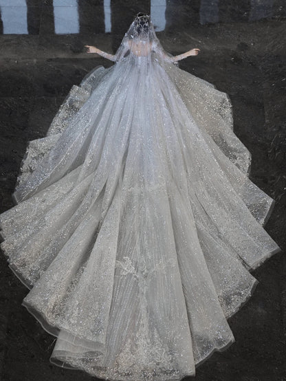 Robe de mariée blanche de luxe à paillettes et dentelle, décolleté en cœur, robe de mariée modeste, robe de princesse, DH1494