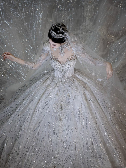 Robe de mariée blanche de luxe à paillettes et dentelle, décolleté en cœur, robe de mariée modeste, robe de princesse, DH1494