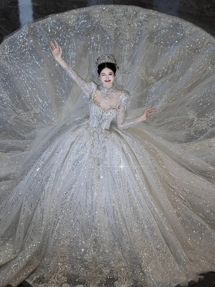 Robe de mariée blanche de luxe à paillettes et dentelle, décolleté en cœur, robe de mariée modeste, robe de princesse, DH1494