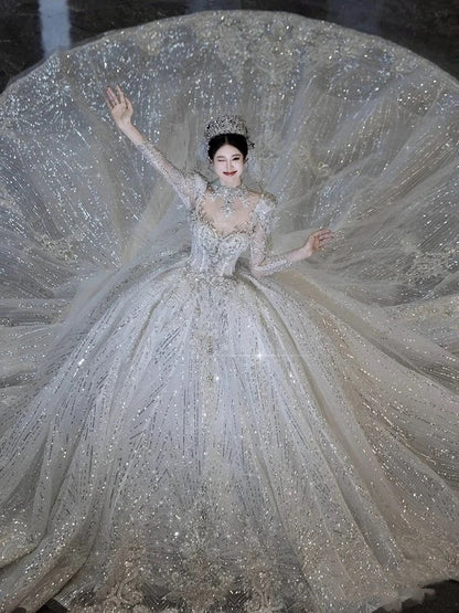 Robe de mariée blanche de luxe à paillettes et dentelle, décolleté en cœur, robe de mariée modeste, robe de princesse, DH1494