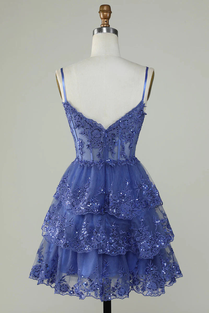 Robe de soirée courte en dentelle bleue à bretelles spaghetti, coupe trapèze, tenue de soirée courte et formelle pour le collège, tenue Hoco DH1513