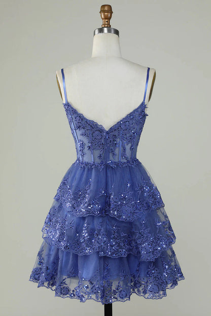 Robe de soirée courte en dentelle bleue à bretelles spaghetti, coupe trapèze, tenue de soirée courte et formelle pour le collège, tenue Hoco DH1513