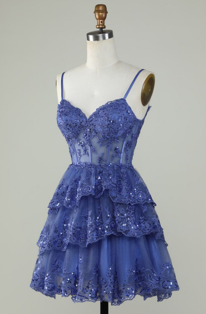 Robe de soirée courte en dentelle bleue à bretelles spaghetti, coupe trapèze, tenue de soirée courte et formelle pour le collège, tenue Hoco DH1513