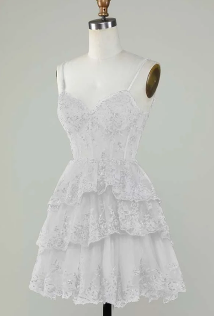 Robe de soirée courte en dentelle bleue à bretelles spaghetti, coupe trapèze, tenue de soirée courte et formelle pour le collège, tenue Hoco DH1513