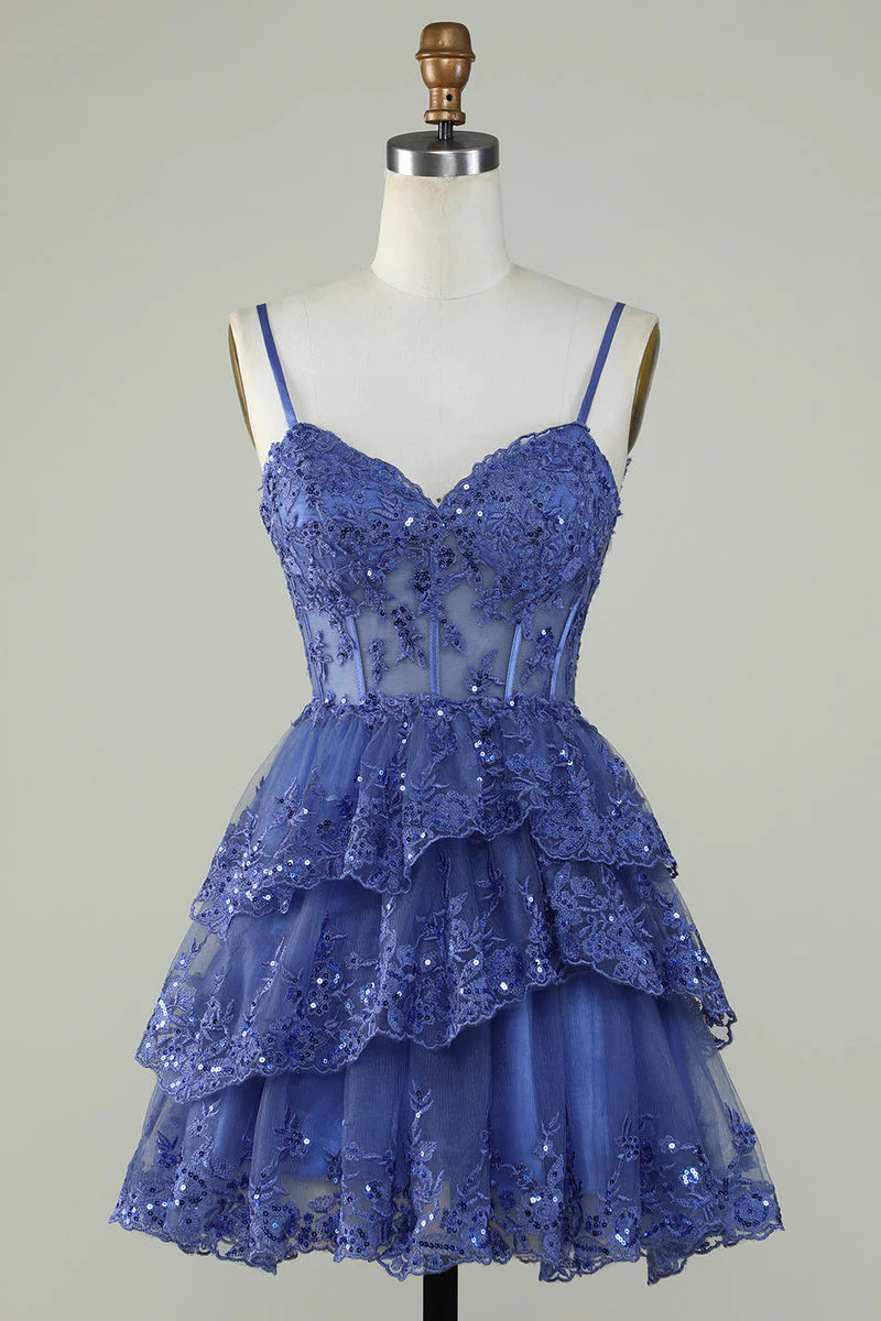 Robe de soirée courte en dentelle bleue à bretelles spaghetti, coupe trapèze, tenue de soirée courte et formelle pour le collège, tenue Hoco DH1513