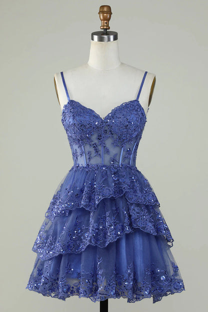 Robe de soirée courte en dentelle bleue à bretelles spaghetti, coupe trapèze, tenue de soirée courte et formelle pour le collège, tenue Hoco DH1513