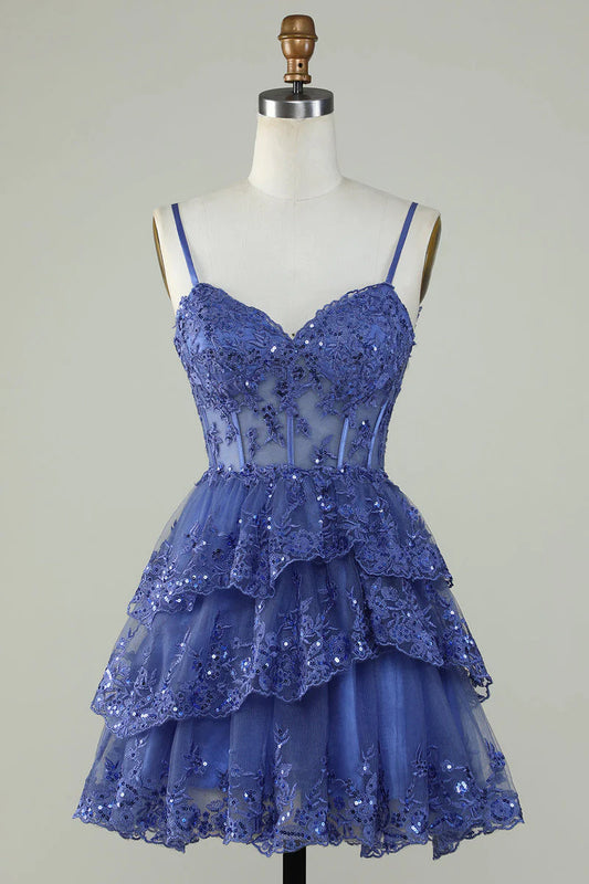 Unique A line Spaghetti Straps Blue Lace Short Mini Formal 7th Grade Homecoming Dresses Middle School Short Cocktail Night Dress Hoco Outfits DH1513