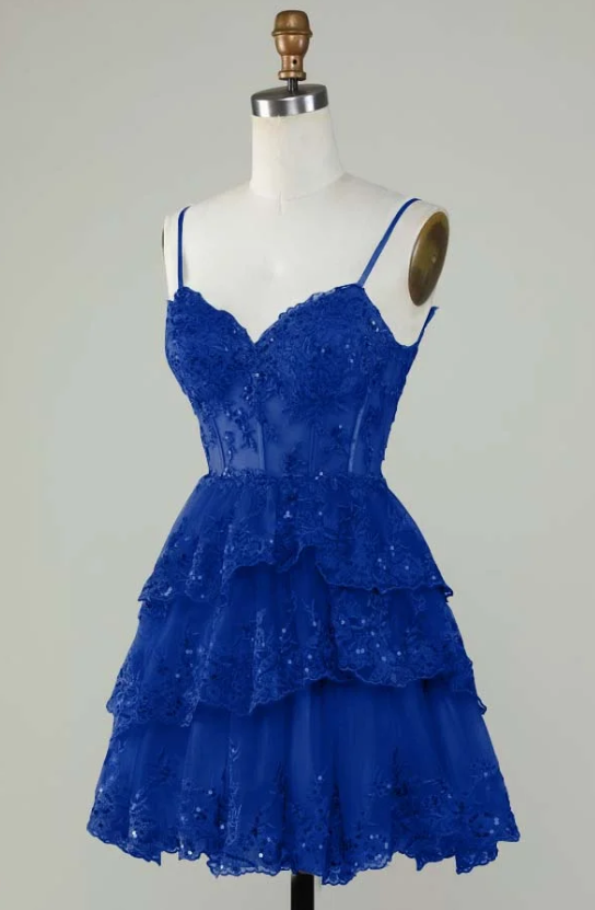 Robe de soirée courte en dentelle bleue à bretelles spaghetti, coupe trapèze, tenue de soirée courte et formelle pour le collège, tenue Hoco DH1513