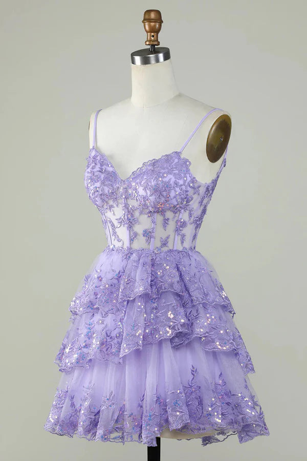 Robe de soirée courte en dentelle bleue à bretelles spaghetti, coupe trapèze, tenue de soirée courte et formelle pour le collège, tenue Hoco DH1513