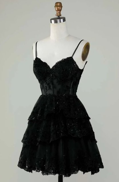 Robe de soirée courte en dentelle bleue à bretelles spaghetti, coupe trapèze, tenue de soirée courte et formelle pour le collège, tenue Hoco DH1513