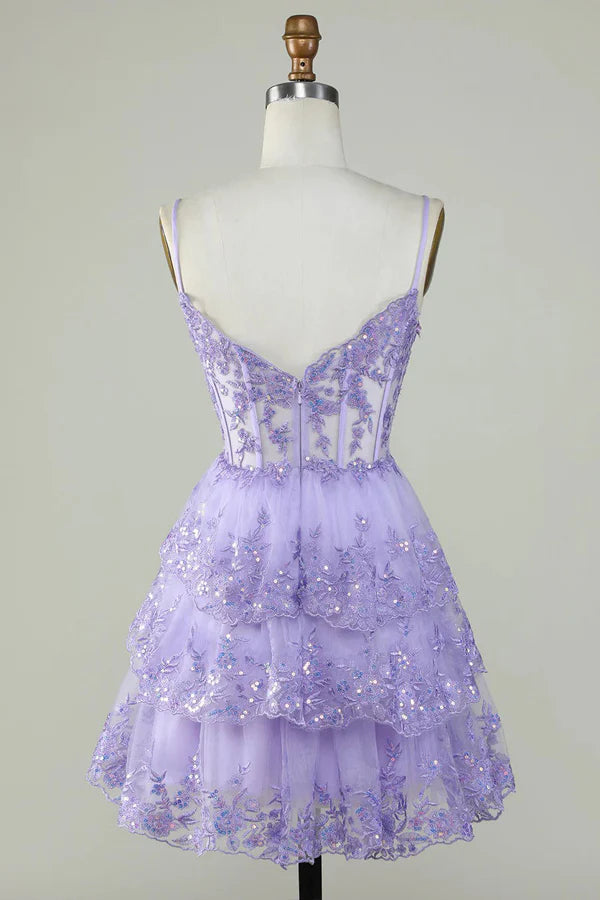 Robe de soirée courte en dentelle bleue à bretelles spaghetti, coupe trapèze, tenue de soirée courte et formelle pour le collège, tenue Hoco DH1513