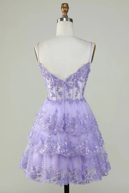 Robe de soirée courte en dentelle bleue à bretelles spaghetti, coupe trapèze, tenue de soirée courte et formelle pour le collège, tenue Hoco DH1513
