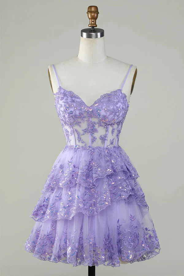 Robe de soirée courte en dentelle bleue à bretelles spaghetti, coupe trapèze, tenue de soirée courte et formelle pour le collège, tenue Hoco DH1513