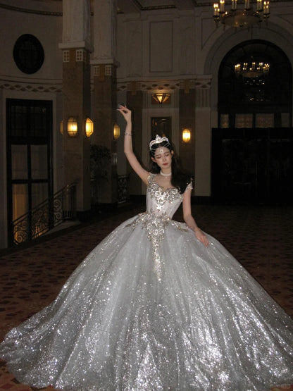 Einzigartiges Brautkleid Ballkleid Scoop Weiß Pailletten Lange Brautkleider Luxus Brautkleid Brautkleider DH1519