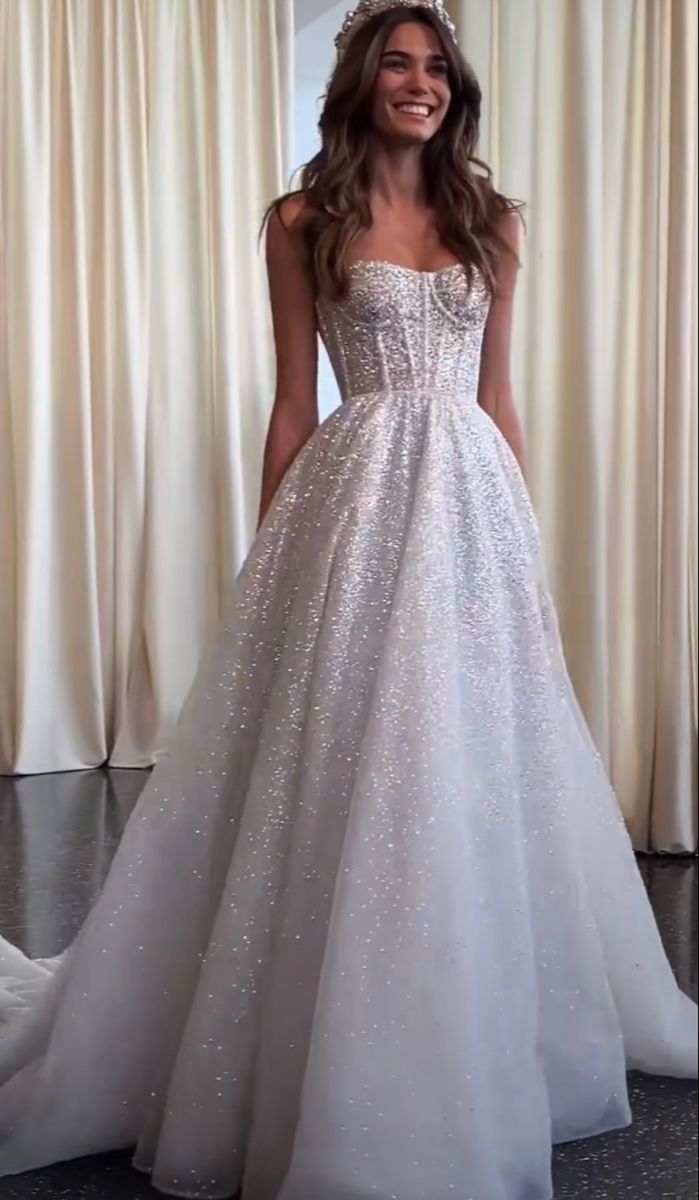 Robe de mariée unique, coupe trapèze, bretelles spaghetti, paillettes blanches, longue, luxueuse, DH1520