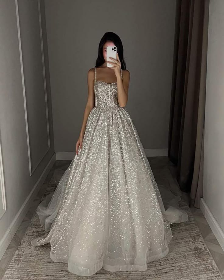 Robe de mariée unique, coupe trapèze, bretelles spaghetti, paillettes blanches, longue, luxueuse, DH1520