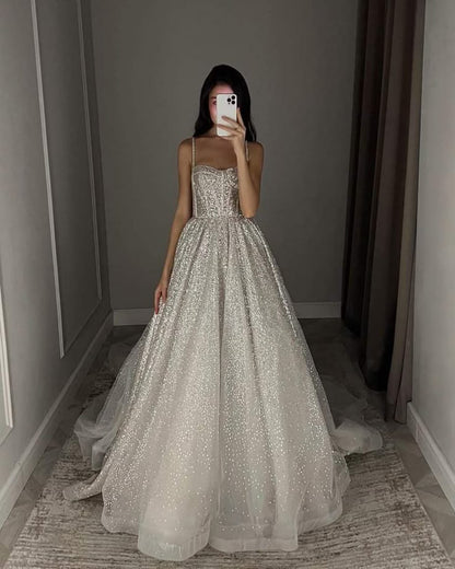 Robe de mariée unique, coupe trapèze, bretelles spaghetti, paillettes blanches, longue, luxueuse, DH1520