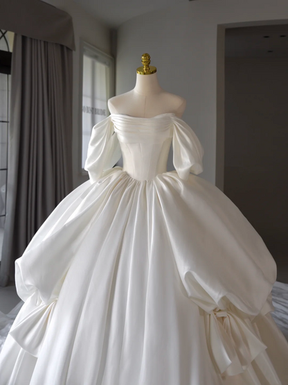 Prinzessin Brautkleid Ballkleid aus der Schulter Satin Brautkleid mit kurzen Ärmeln Brautkleider bescheidene Brautkleider DH1544