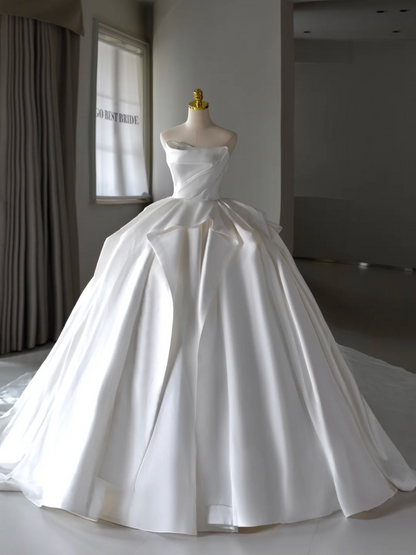 Prinzessin Brautkleid Ballkleid Trägerloses Satin Brautkleid Mit Rüschen Weiße Brautkleider Bescheidene Brautkleider DH1549