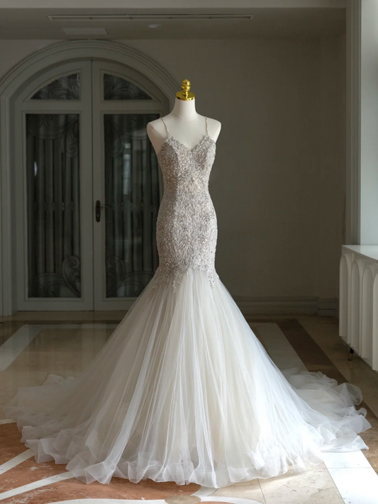 Luxury Mermaid Spaghetti Straps Lace White Wedding Dress Modest Wedding Dresses Princess Wedding Gowns DH1556