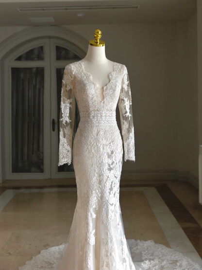 Luxus Meerjungfrau V-Ausschnitt Lange Ärmel Spitze Weißes Hochzeitskleid Bescheidene Hochzeitskleider Prinzessin Hochzeitskleider DH1558