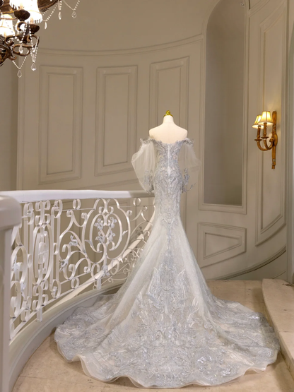 Prinzessin Brautkleid Meerjungfrau Schulterfrei Spitze Tüll Brautkleid Mit Langen Ärmeln Brautkleider Bescheidene Brautkleider DH1564