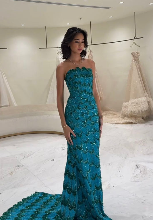 Elegant Sheath Strapless Blue Sequin Prom Dresses Party Dress Summer 22th Birthday Outfits 18th Birthday Dresses DH1584