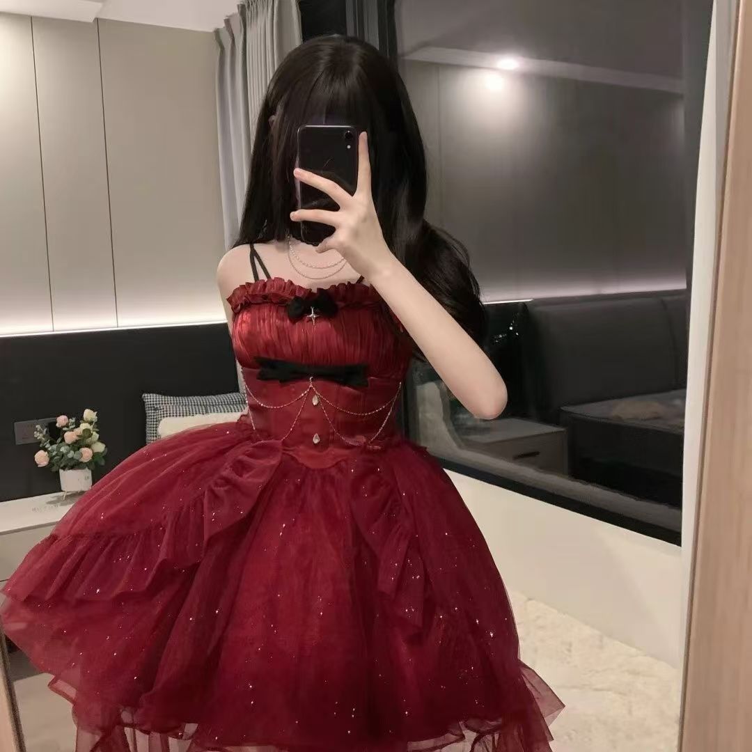 Goth Ball Gown Spaghetti Straps Burgundy Short Mini Formal 8th Grade Homecoming Dresses Middle School Lolita Dress Birthday Outfits Lolita Dress DH1623