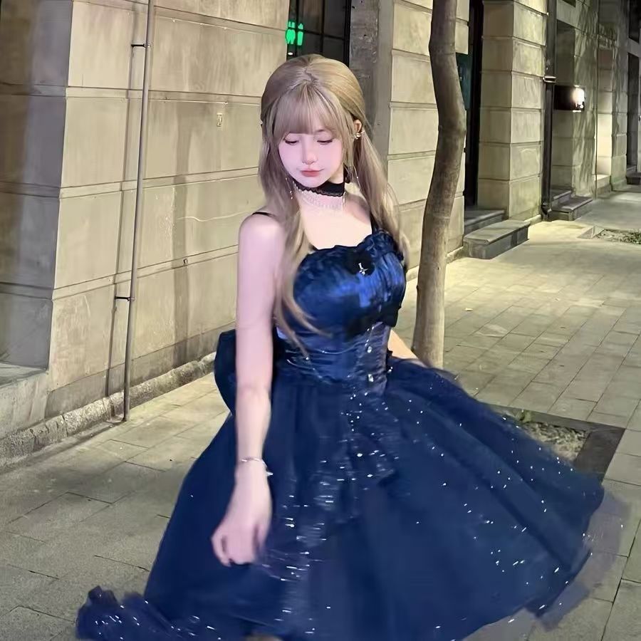 Sweet High Low Spaghetti Straps Tulle Navy Blue Gotica Formal 8th Grade Homecoming Dresses Middle School Lolita Dress Hoco Outfits Lolita Outfit DH1634
