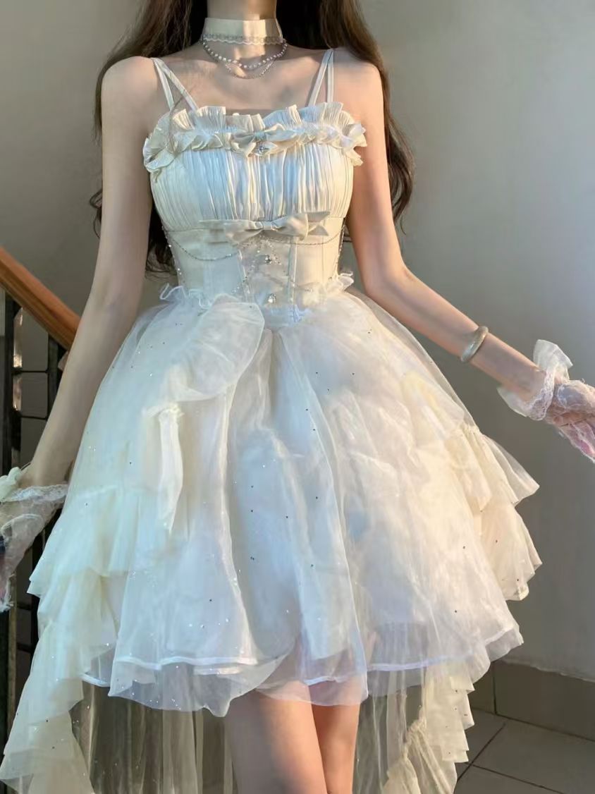 Cute Ball Gown Spaghetti Straps Ivory Tulle Formal 8th Grade Homecoming Dresses Middle School Lolita Dress Birthday Dress Lolita Outfits DH1647