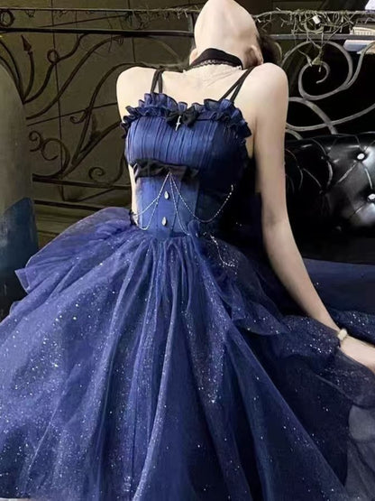 Sweet High Low Spaghetti Straps Tulle Navy Blue Gotica Formal 8th Grade Homecoming Dresses Middle School Lolita Dress Hoco Outfits Lolita Outfits DH1649