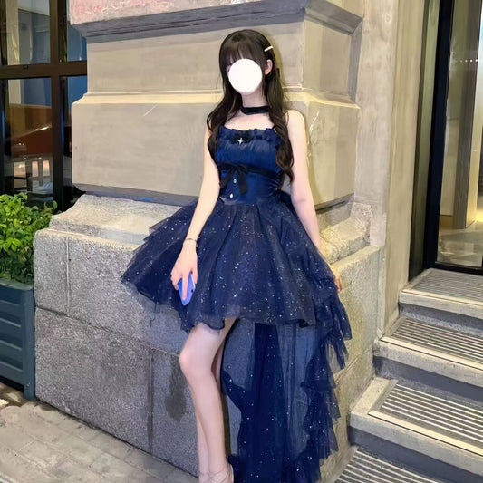 Sweet High Low Spaghetti Straps Tulle Navy Blue Gotica Formal 8th Grade Homecoming Dresses Middle School Lolita Dress Hoco Outfits Lolita Outfits DH1649