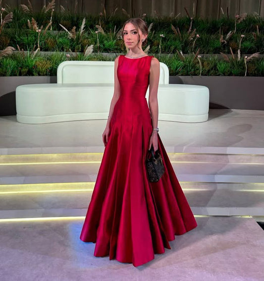 Classy A line Scoop Red Long Satin Formal Prom Gown Summer Wedding Guest Dress Bridal Guest Dresses Wedding Outfits For Guest DH165