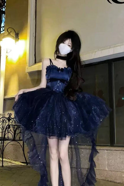Cute French Style Ladies Fairy Spaghetti Straps Tulle Navy Blue Gotica Formal 8th Grade Homecoming Dresses Middle School Lolita Dress Hoco Outfits Lolita Outfits DH1651