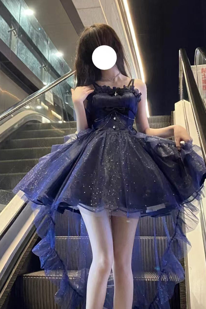 Cute French Style Ladies Fairy High Low Spaghetti Straps Tulle Navy Blue Gotica Formal 8th Grade Homecoming Dresses Lolita Dress Hoco Outfits Lolita Outfits DH1652