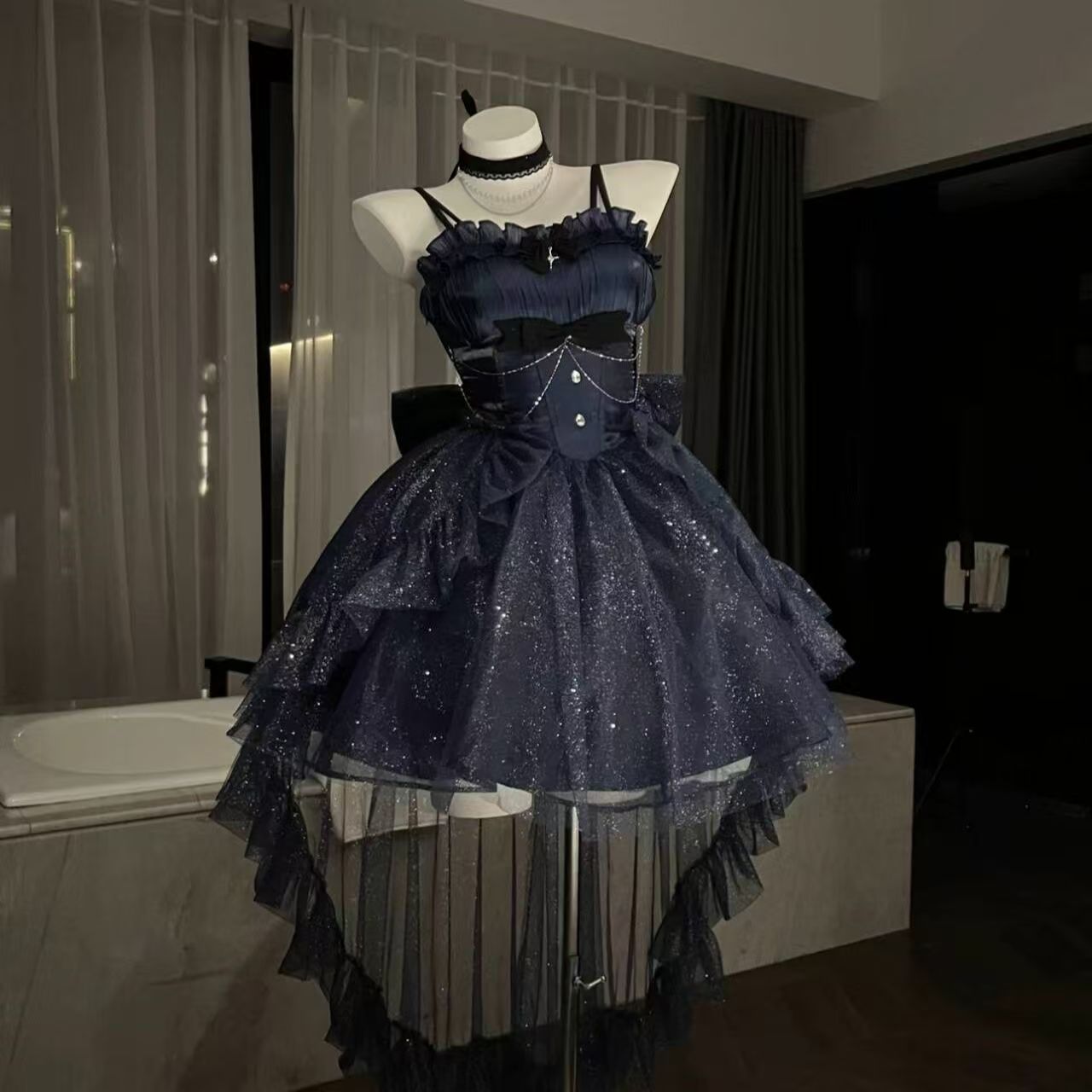 Cute French Style Ladies Fairy High Low Spaghetti Straps Tulle Navy Blue Gotica Formal 8th Grade Homecoming Dresses Lolita Dress Hoco Outfits Lolita Outfits DH1652