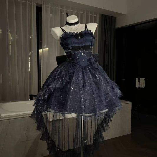 Cute French Style Ladies Fairy High Low Spaghetti Straps Tulle Navy Blue Gotica Formal 8th Grade Homecoming Dresses Lolita Dress Hoco Outfits Lolita Outfits DH1652
