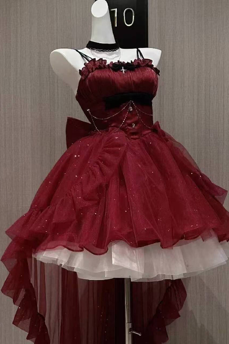 Goth Ball Gown Spaghetti Straps Burgundy Short Mini Corset Back Formal 8th Grade Homecoming Dresses Middle School Lolita Dress 18th Birthday Outfits Lolita Outfit DH1653