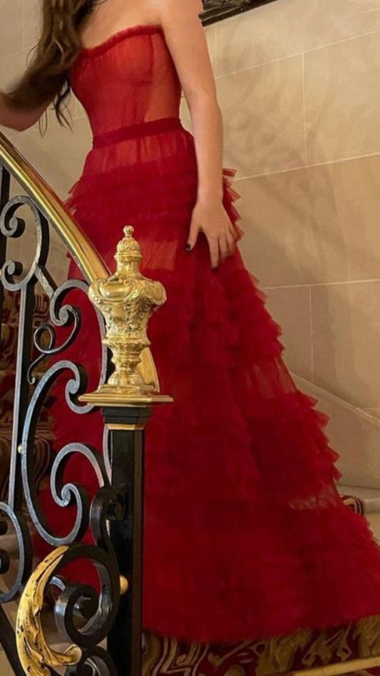 Elegante A-Linie Herzausschnitt Rot Tüll Lange Ballkleider Partykleid 21. Geburtstag Outfits Abschlusskleider DH167